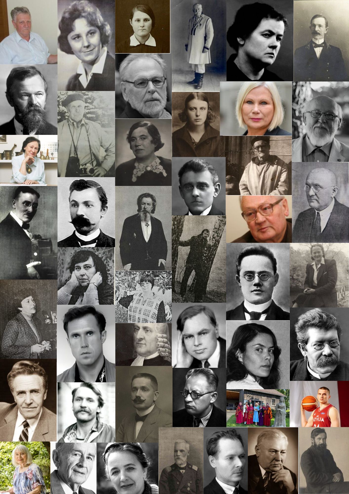 Kolāža no vairākiem fotoattēliem- krāsainās un melnbaltās, sievietes un vīrieši.